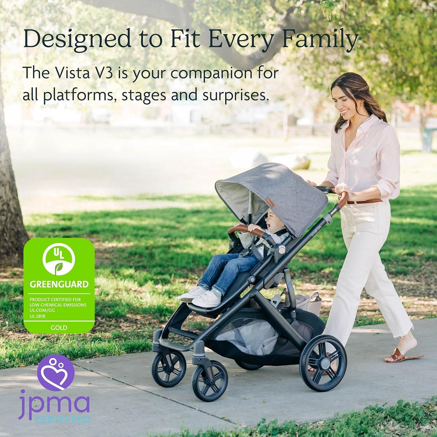 UPPAbaby Vista V3 Stroller - Full-Size Single-To-Double Stroller System - Toddler Seat, Bug Shield, Rain Shield, and Storage Bag Included - Savannah (Pearl Gray Jacquard/Carbon Frame/Chestnut Leather)