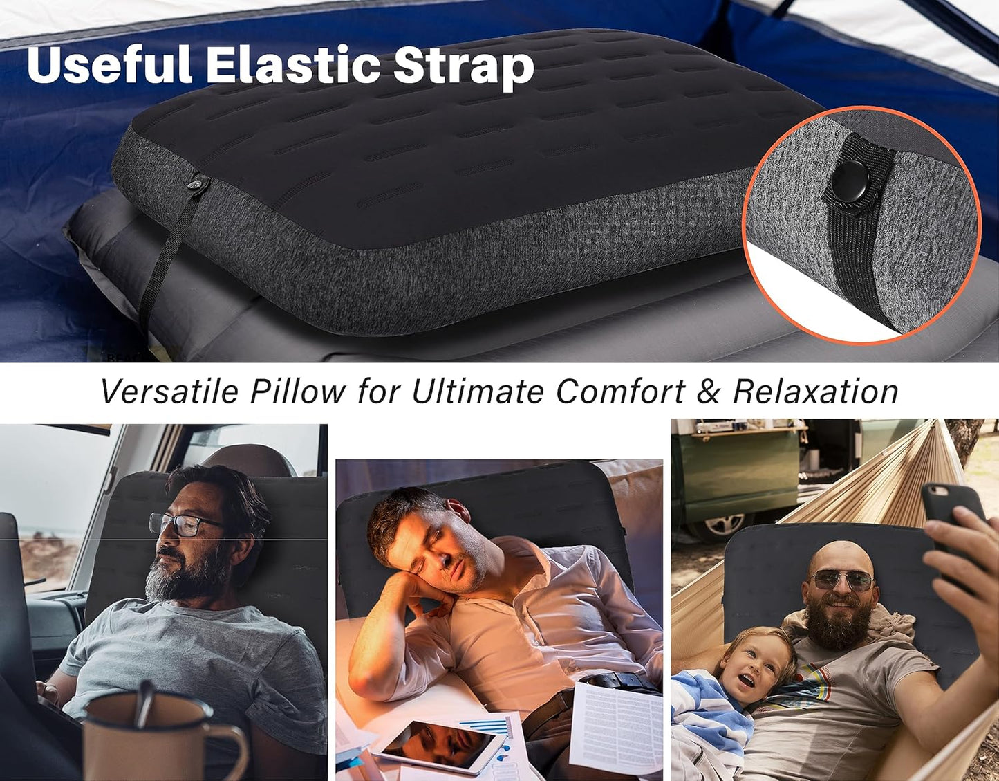 TREKOLOGY Camping Pillow - Large Inflatable (24"x15") for Home-Like Comfort, Portable & Ergonomic, Easy to Clean, Durable & Leak-Proof, Removable Strap for Secure Fit – ALUFT Ultra (Grey)