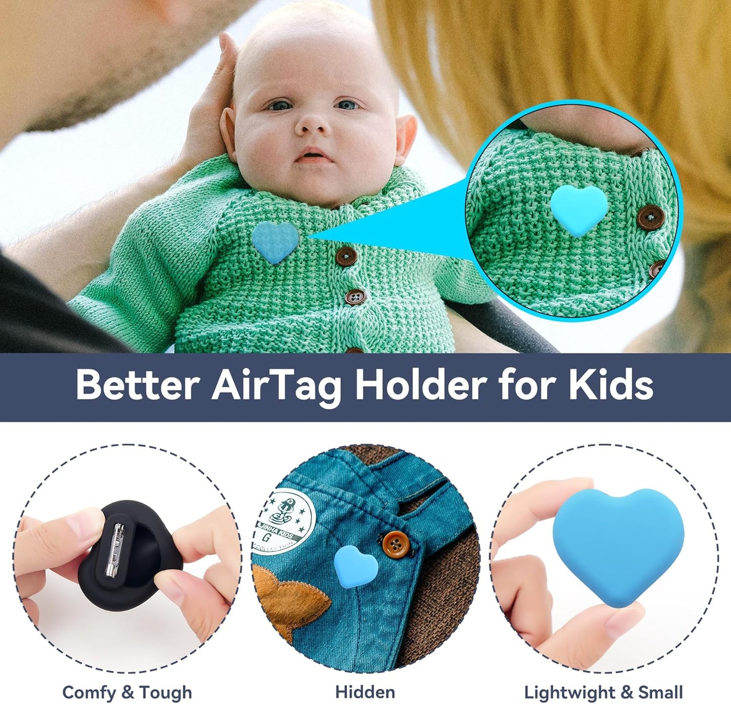 DDJ for AirTag Holder for Kids (2 Pack), Hidden Silicone Case for Apple AirTag GPS Tracker Kids with Invisible Pin, Anti Lost, for Elderly/Luggage/Clothing/Shoes/Backpack/Family Travel (Black+Blue)