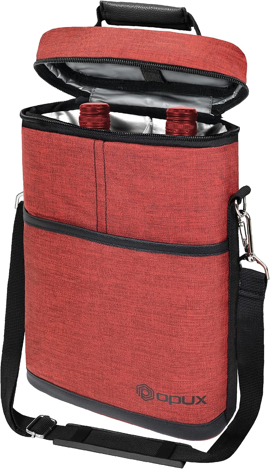 opux 2 Bottle Wine Carrier Tote, Insulated Leakproof Wine Cooler Bag, Wine Travel Bag for Picnic BYOB Beach, Portable Wine Bottle Carrying Case, Gift for Wine Lover Women Men Christmas, Red
