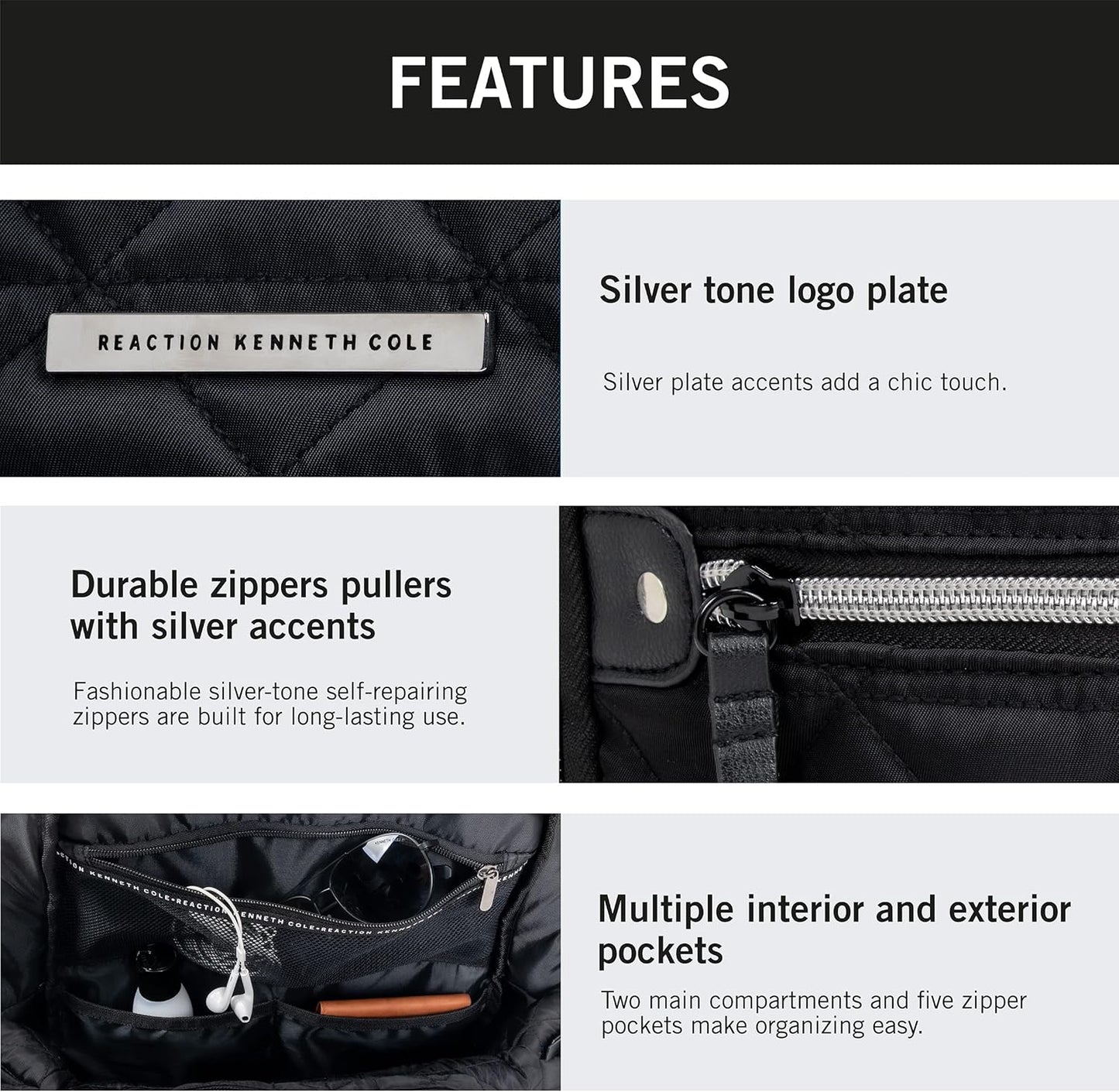Kenneth Cole REACTION Emma Women's Backpack 15" Laptop Bag for Work, High School, College, Travel, Black Diamond