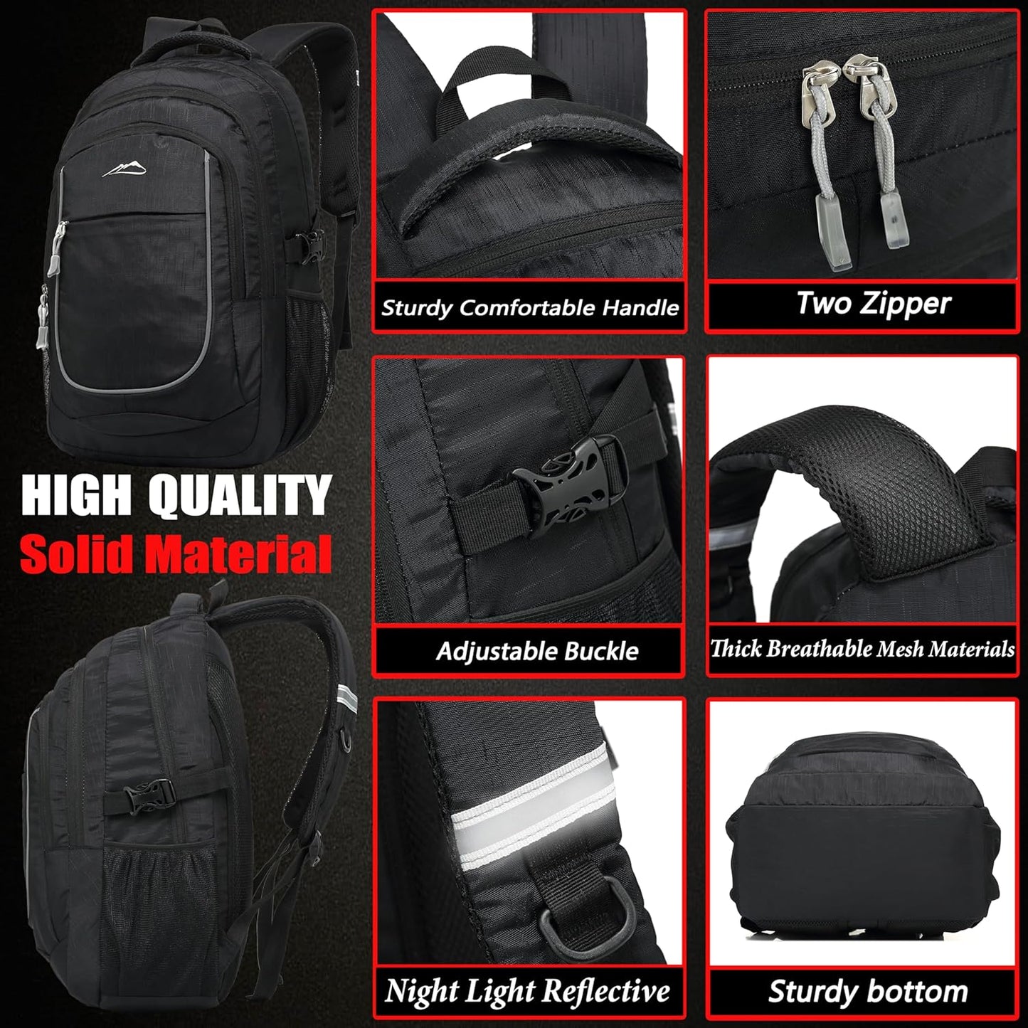ProEtrade Backpack Bookbag for College Sturdy Travel Business Hiking Fit Laptop Up to 15.6 Inch Multi Compartment Gifts for Men Women Night Light Reflective (Black)