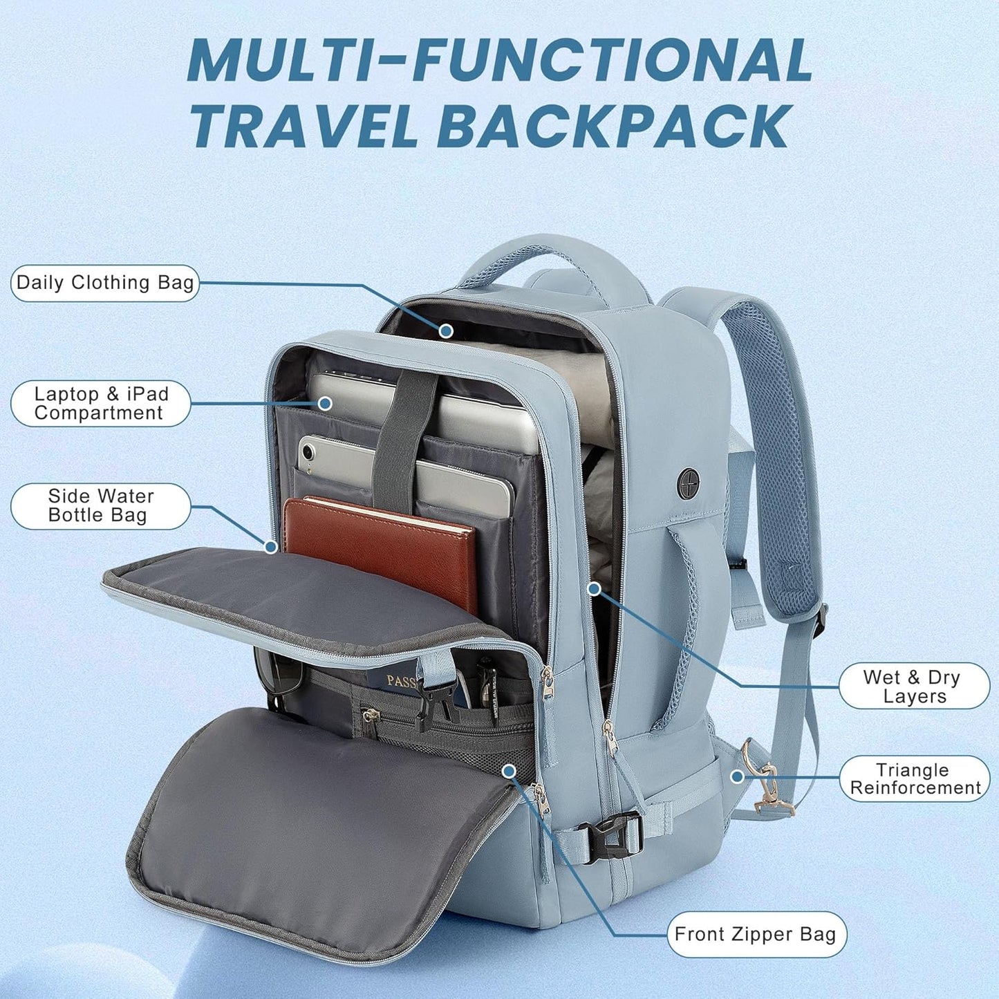 Travel Backpack, Carry on Flight Approved Backpack with Multi-Pockets, TSA Waterproof 17.3inch Laptop Backpack, Personal Item Travel Bag for Men Women, Light Blue