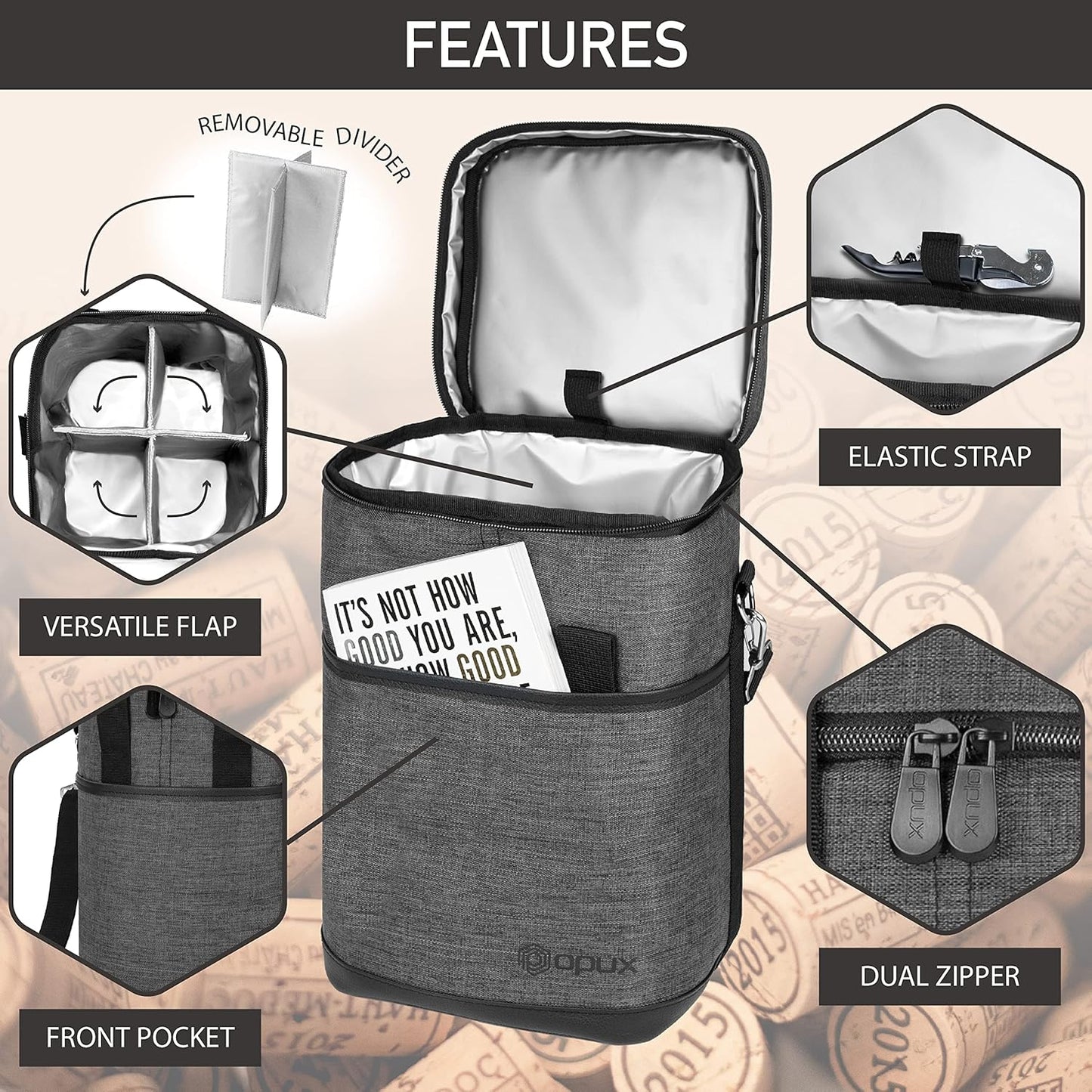 Opux Insulated Wine Tote, 4 Bottle Cooler Bag - Leakproof, Padded Portable Carrier for Travel, Picnic, BYOB - Gift for Wine Lovers (Charcoal Gray)