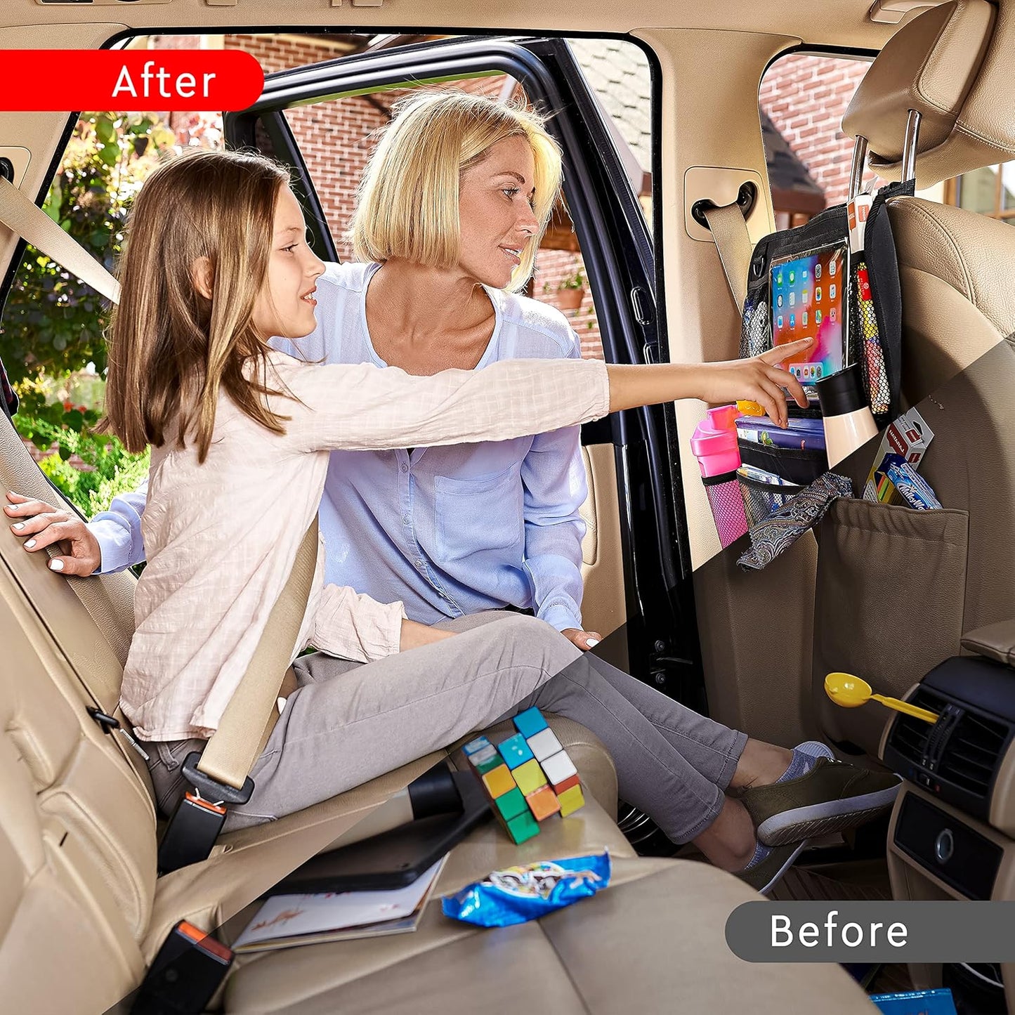 Helteko Backseat Car Organizer, Kick Mats Back Seat Protector with Touch Screen Tablet Holder, Back Seat Organizer for Kids with 9 Storage Pockets, Travel Accessories (2 Pack, Deep Pink)