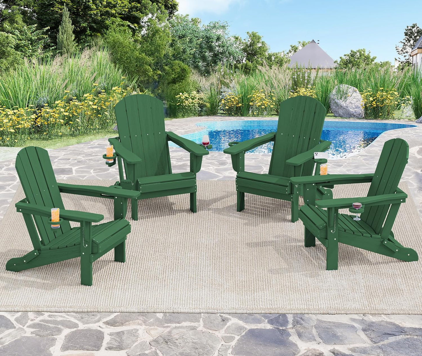 SERWALL Adirondack Chair with Cup Holders - Composite Adirondack Chairs Set of 2 HDPE Outdoor Chairs All Weather Use- Green