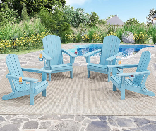 SERWALL Adirondack Chair with Cup Holders - Composite Adirondack Chairs Set of 4 HDPE Outdoor Chairs All Weather Use- Light Blue