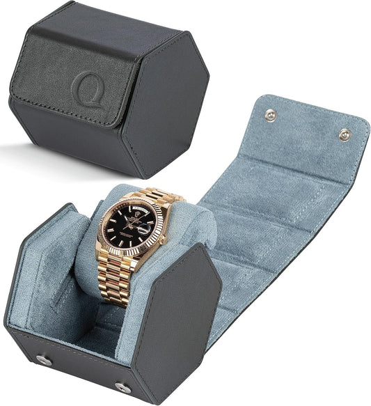 Leather Watch Cases for Men - Hexagon Single & Double Watch Roll Travel Case - Genuine Napa Leather with Velvet Interior - Storage & Display Holder 1 or 2 Watches