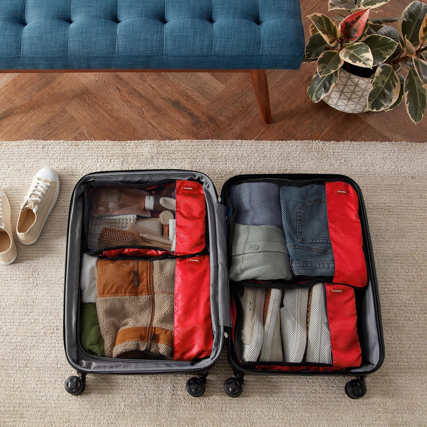 Amazon Basics Packing Cubes for Travel, Packing Organizers Set, 4-Piece-Set (2 Medium And 2 Large) With Double Zipper Pulls and Mesh Top Panel, 100% Durable Polyester, Red