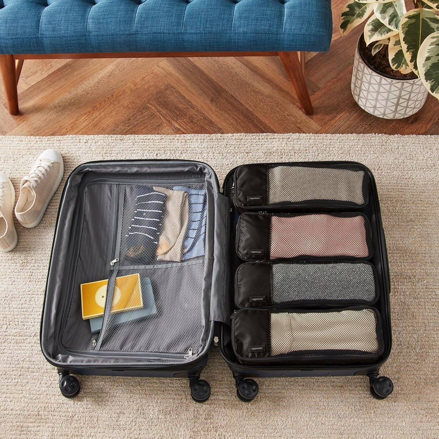 Amazon Basics Slim Packing Cubes for Travel, Packing Organizers, 4-Piece-Set With Double Zipper Pulls and Mesh Top Panel, 100% Durable Polyester, Black, 14"L x 5"W x 3"H