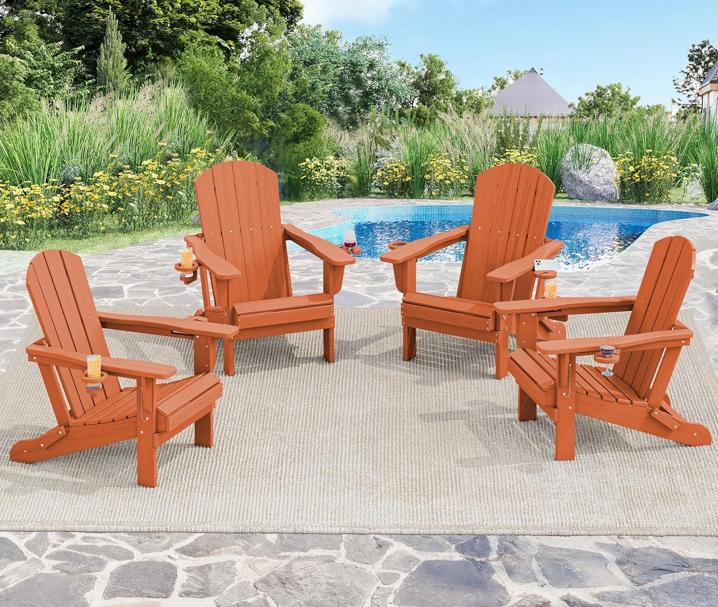 SERWALL Adirondack Chair with Cup Holders - Composite Adirondack Chairs Set of 2 HDPE Outdoor Chairs All Weather Use- Orange