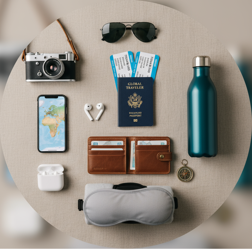 circle photo of travel essentials, make a real photo